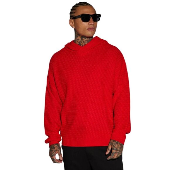 Cableknit Hooded Pullover Long Sleeve Sweater Red Men's - Picture 1 of 4